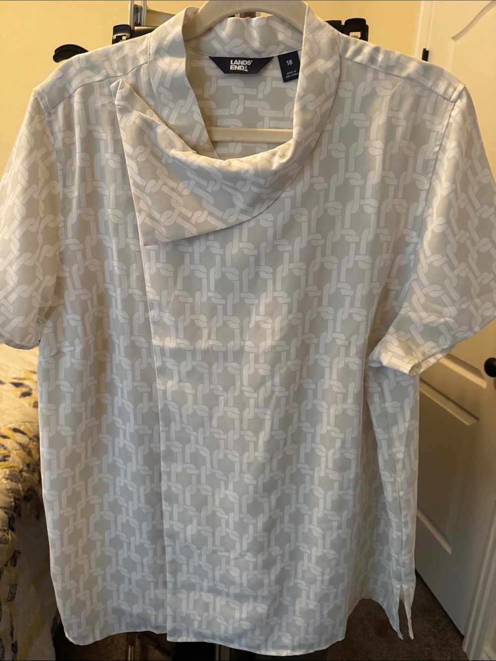 Lands' End Grey & White Geometric Cowl Neck Top
